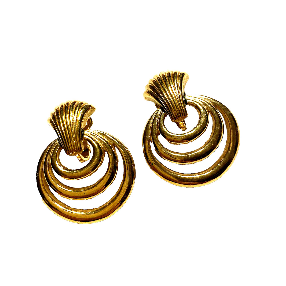 Vintage Crown Trifari Clip On Earrings Goldtone Doorknockers Chic Mid Century